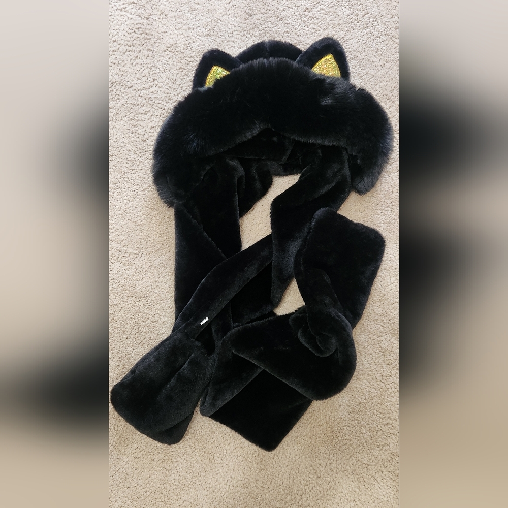 Soft Black Faux Fur Cat Ear Scarf